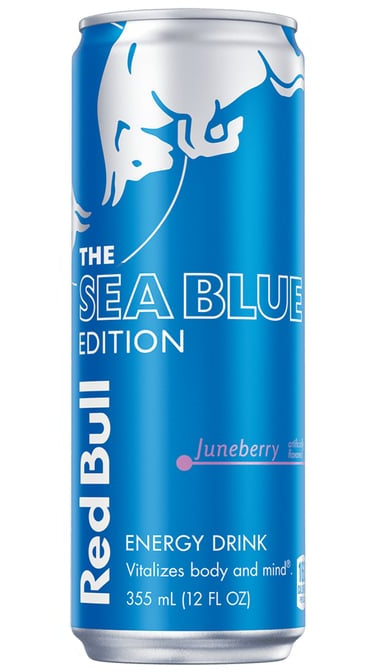Red Bull energy drink can in sea blue edition on a white background
