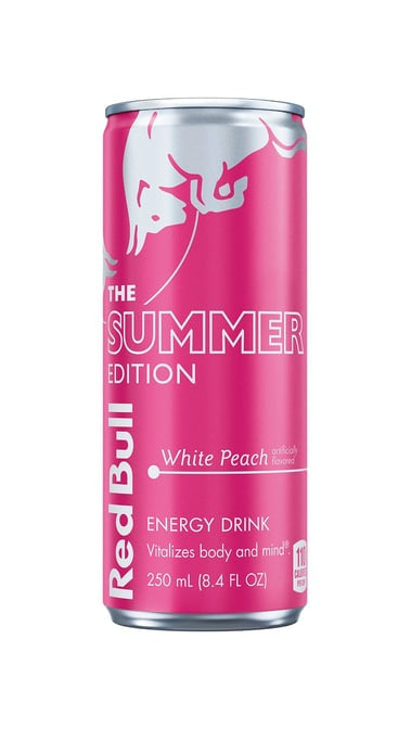 Pink Red Bull energy drink can with 'Summer Edition' text on a white background